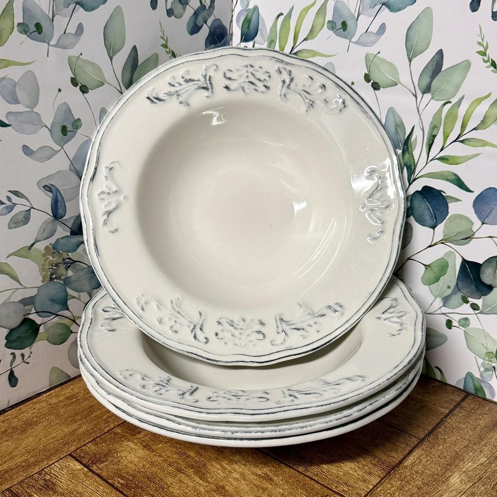 Vintage Antique Scroll Embossed Farmhouse White Blue 9" Soup Cereal Cottagecore